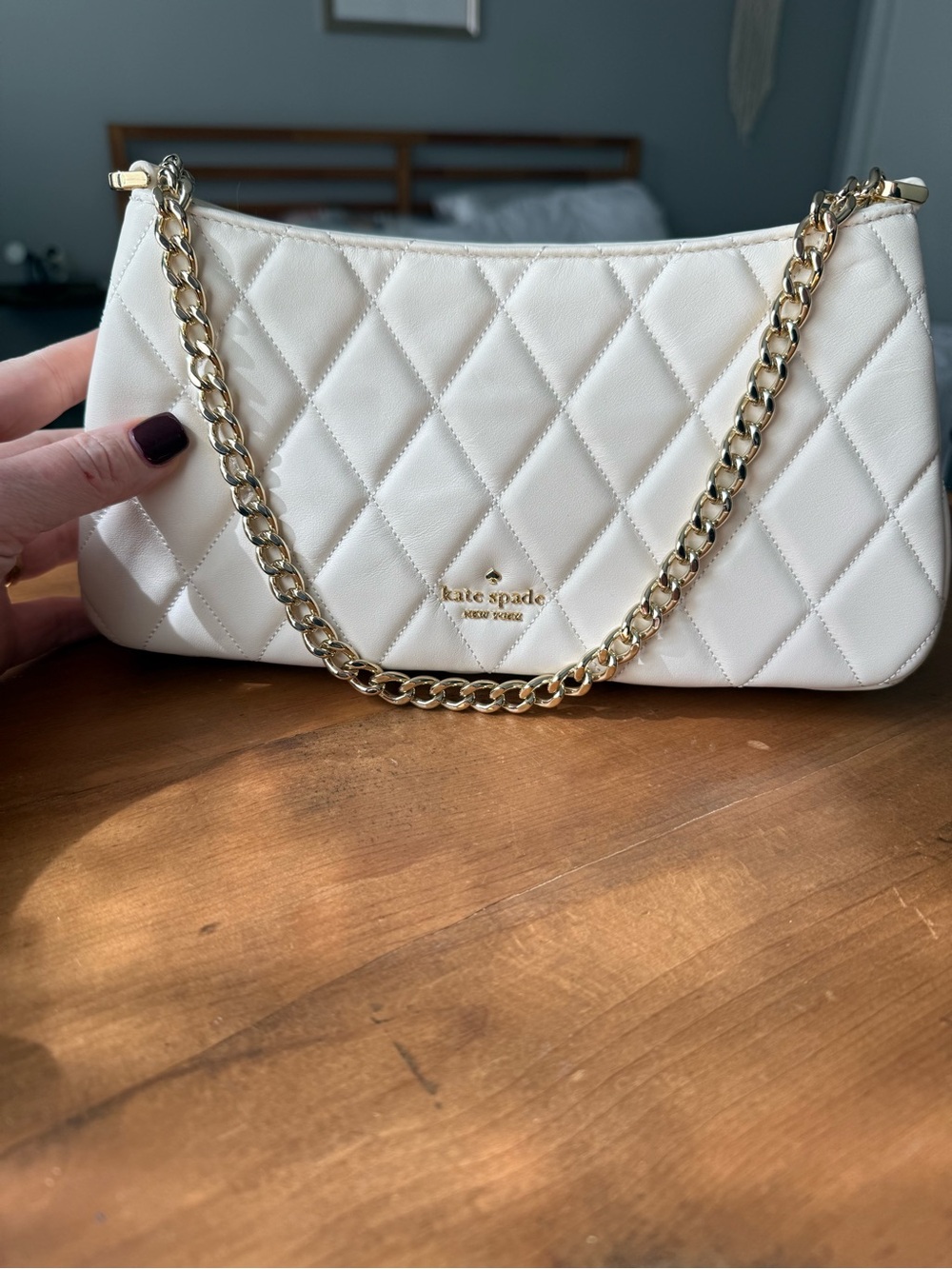kate spade White Quilted Leather Shoulder Bag with Gold Chain